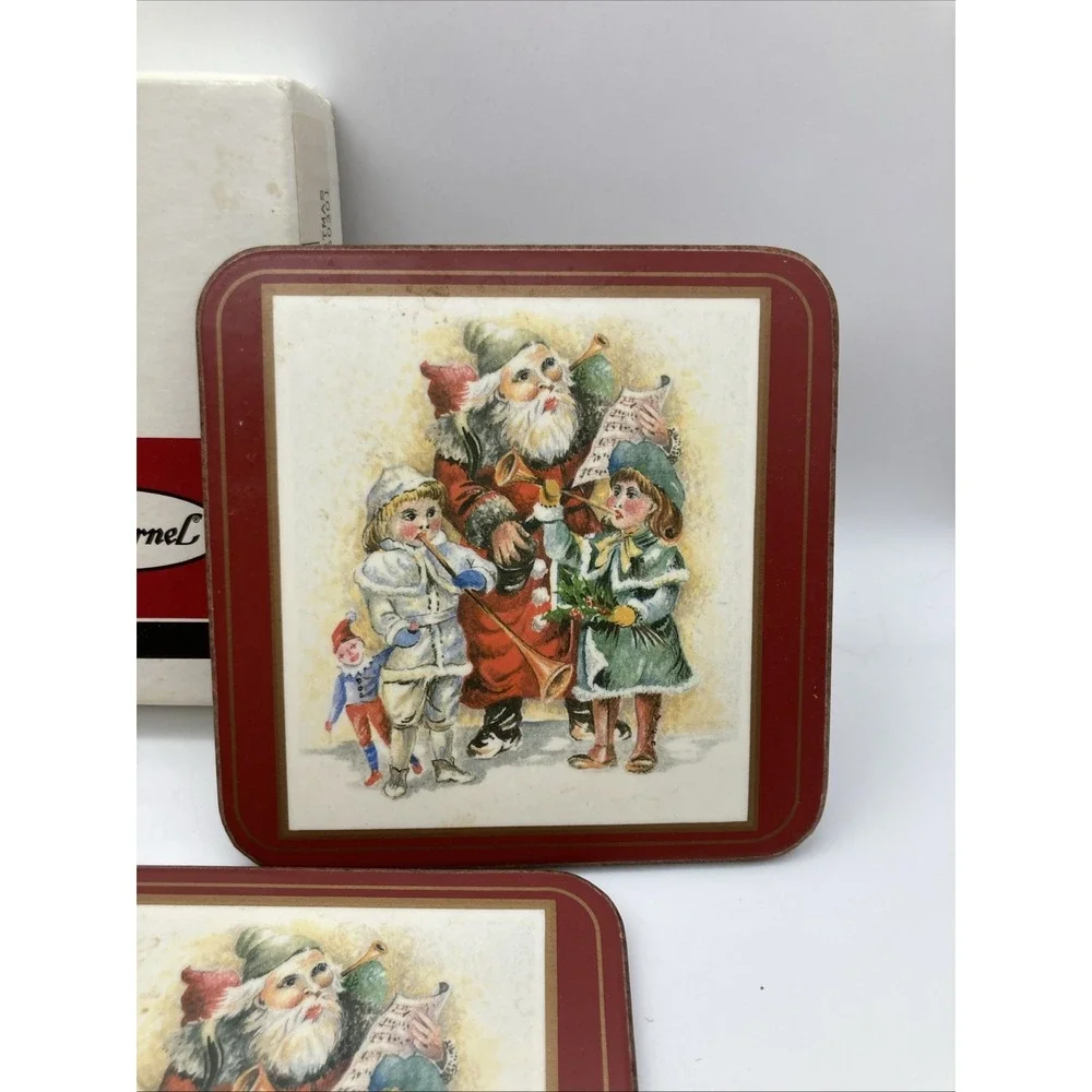 Vintage Set of 6 Pimpernel Father Christmas Coasters Cork Back Made England 4x4